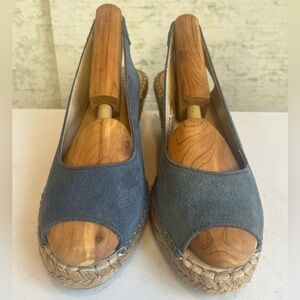 FABIOLAS Leather Blue Espadrille Wedges Peep Toes Sz 39 Handcrafted in Spain